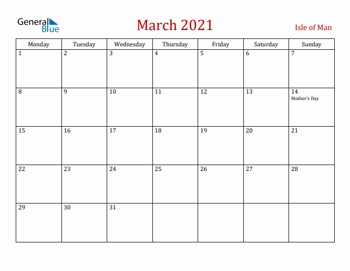 Isle of Man March 2021 Calendar - Monday Start