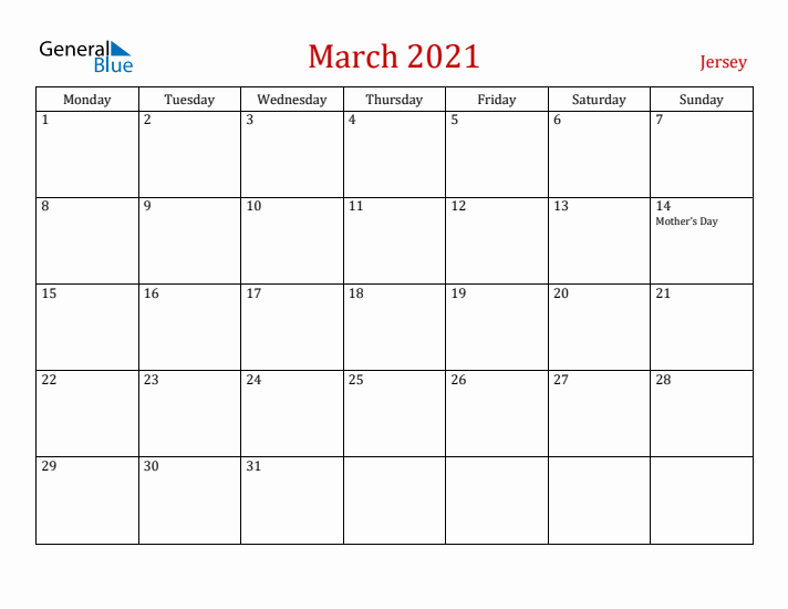 Jersey March 2021 Calendar - Monday Start