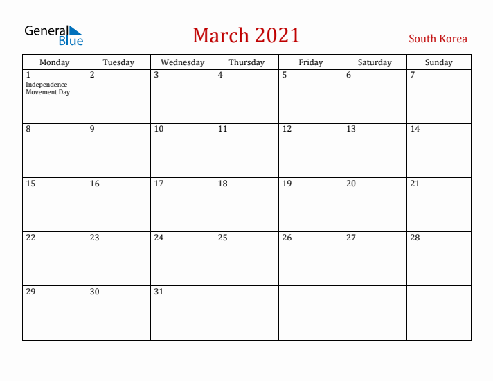 South Korea March 2021 Calendar - Monday Start