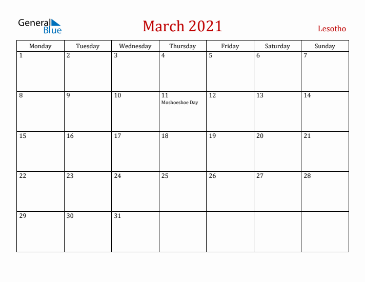 Lesotho March 2021 Calendar - Monday Start
