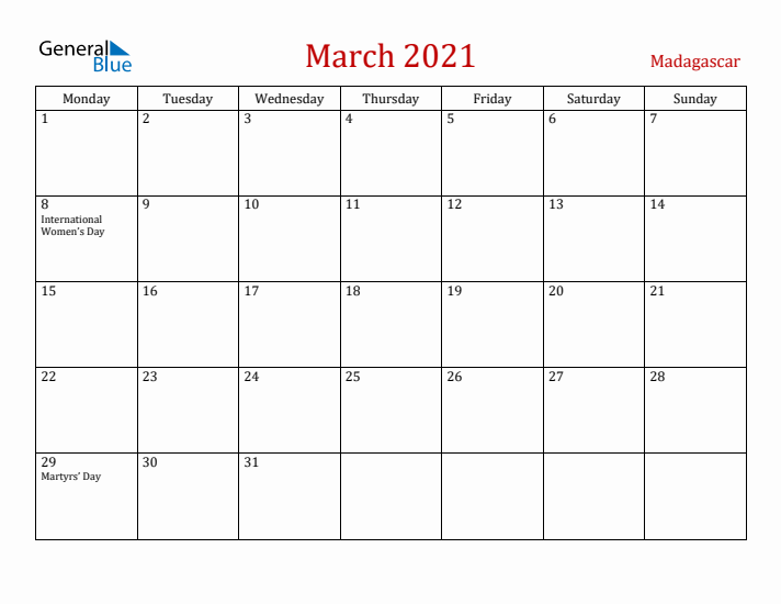 Madagascar March 2021 Calendar - Monday Start