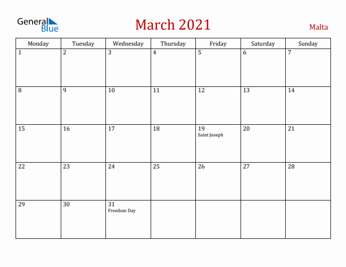 Malta March 2021 Calendar - Monday Start