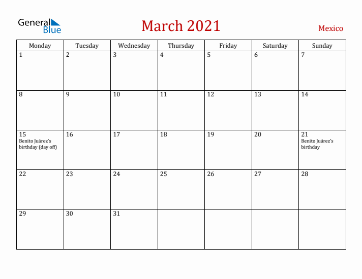 Mexico March 2021 Calendar - Monday Start