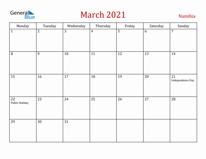 Namibia March 2021 Calendar - Monday Start