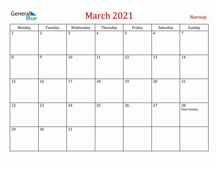 Norway March 2021 Calendar - Monday Start