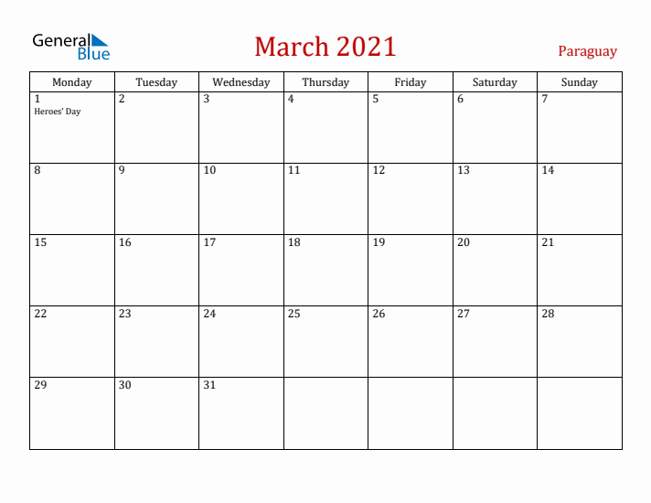 Paraguay March 2021 Calendar - Monday Start