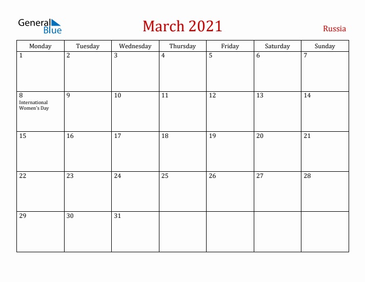 Russia March 2021 Calendar - Monday Start