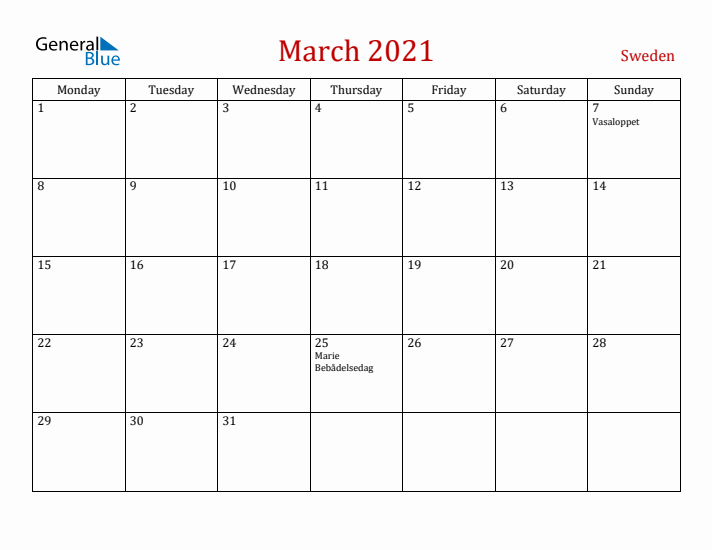 Sweden March 2021 Calendar - Monday Start