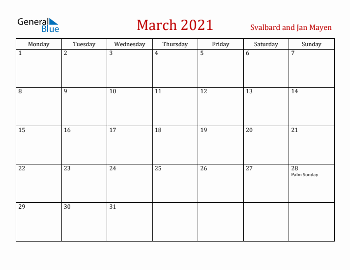 Svalbard and Jan Mayen March 2021 Calendar - Monday Start
