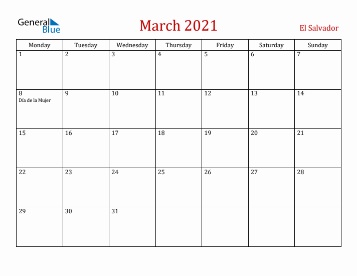 El Salvador March 2021 Calendar - Monday Start