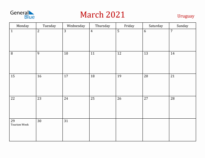 Uruguay March 2021 Calendar - Monday Start