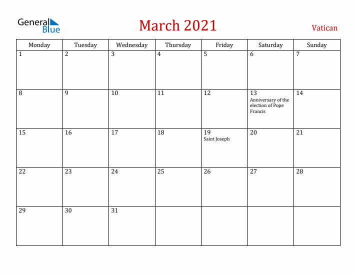 Vatican March 2021 Calendar - Monday Start