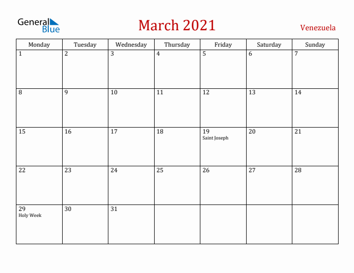 Venezuela March 2021 Calendar - Monday Start