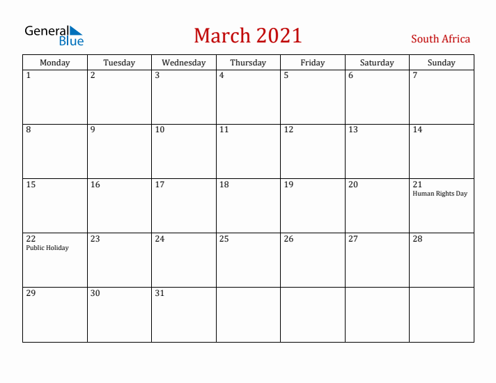 South Africa March 2021 Calendar - Monday Start