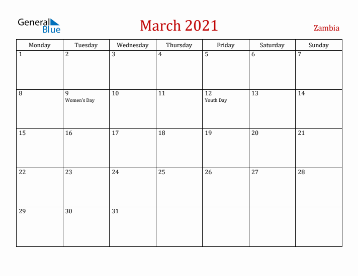 Zambia March 2021 Calendar - Monday Start