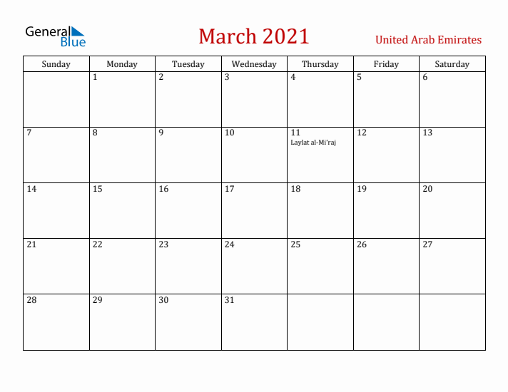 United Arab Emirates March 2021 Calendar - Sunday Start