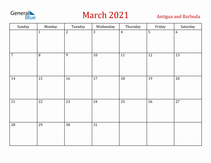 Antigua and Barbuda March 2021 Calendar - Sunday Start