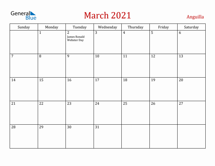 Anguilla March 2021 Calendar - Sunday Start