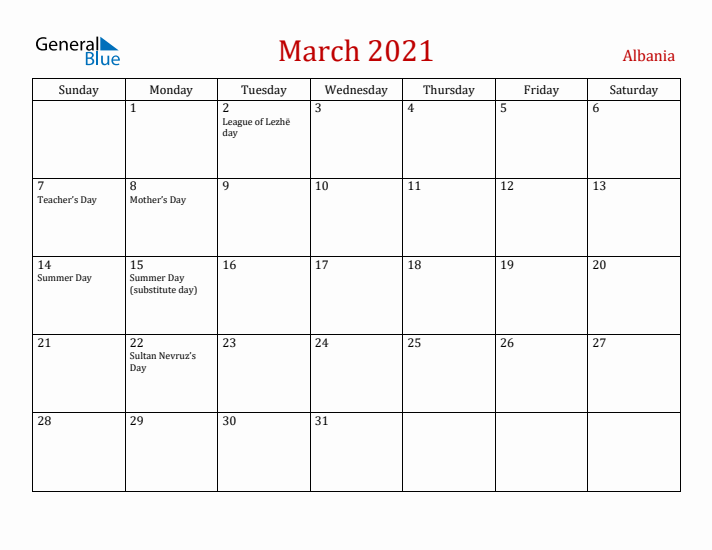 Albania March 2021 Calendar - Sunday Start
