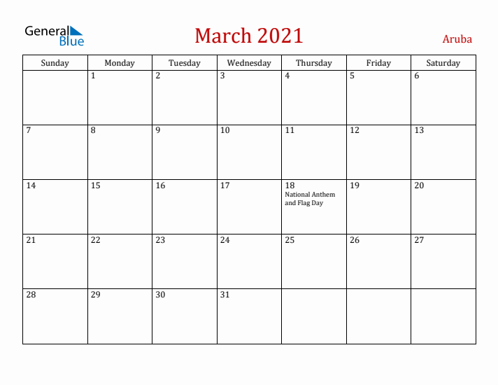 Aruba March 2021 Calendar - Sunday Start