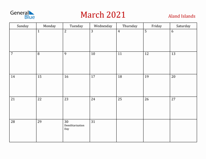 Aland Islands March 2021 Calendar - Sunday Start