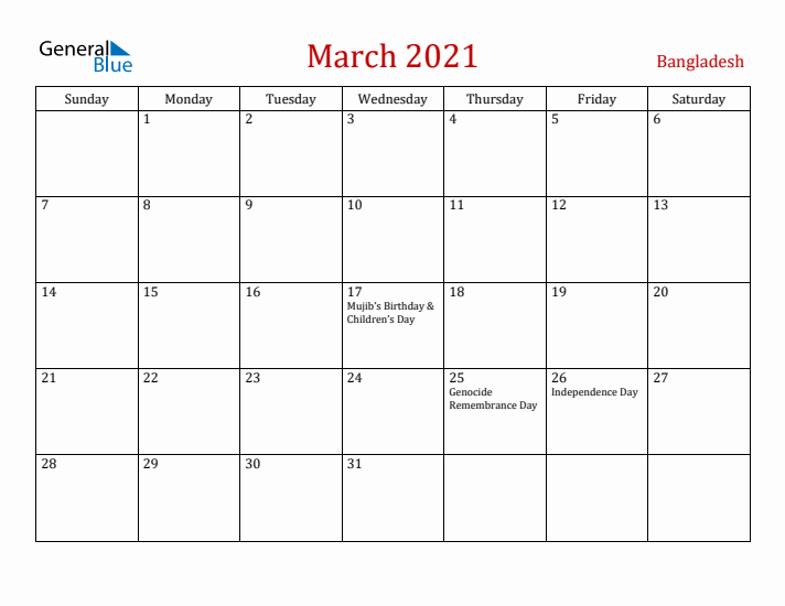 Bangladesh March 2021 Calendar - Sunday Start