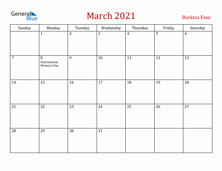 Burkina Faso March 2021 Calendar - Sunday Start
