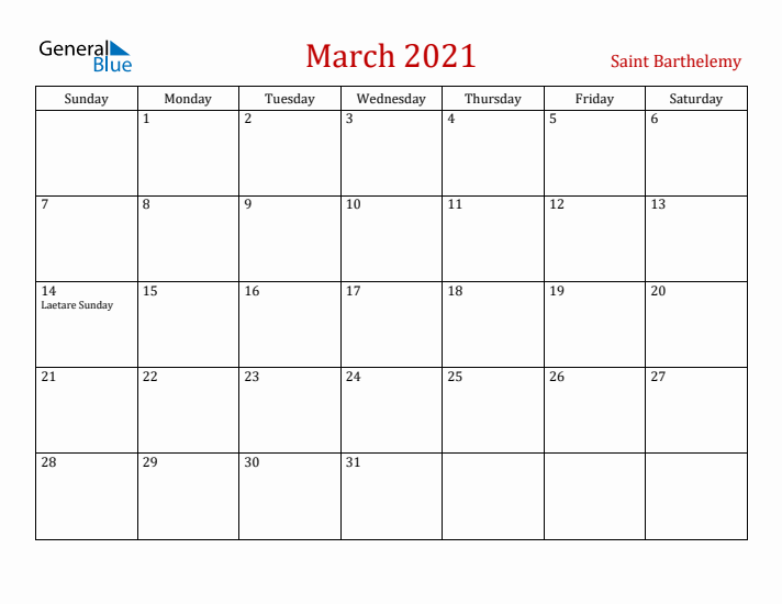Saint Barthelemy March 2021 Calendar - Sunday Start