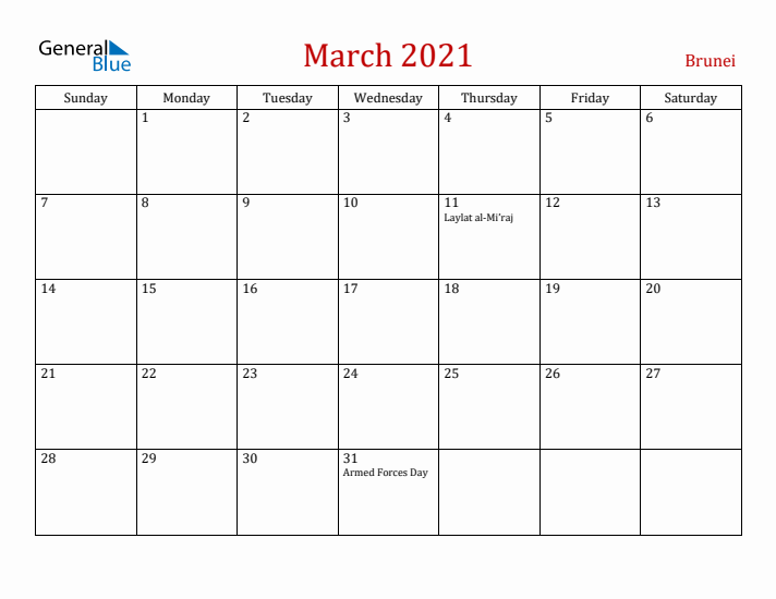Brunei March 2021 Calendar - Sunday Start