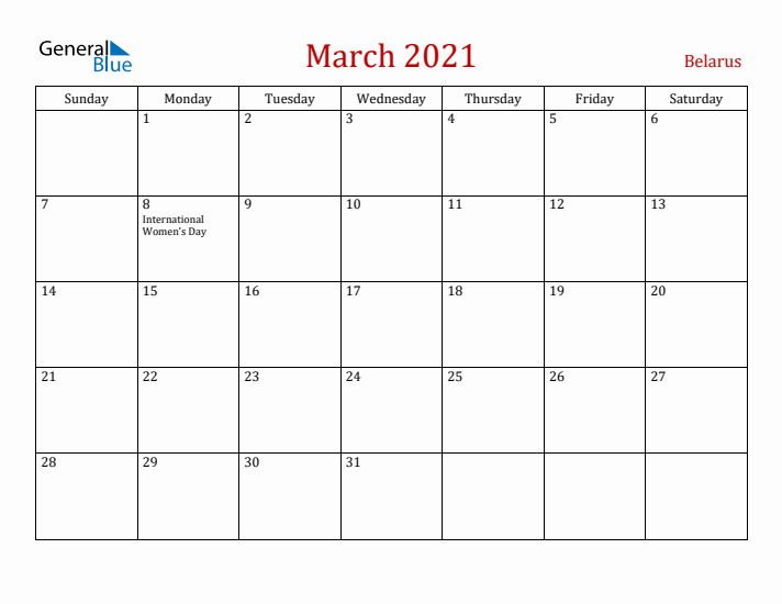 Belarus March 2021 Calendar - Sunday Start
