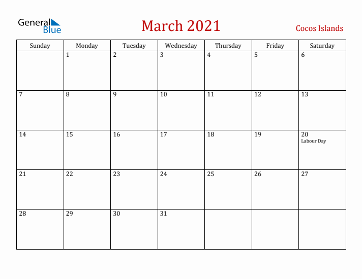 Cocos Islands March 2021 Calendar - Sunday Start