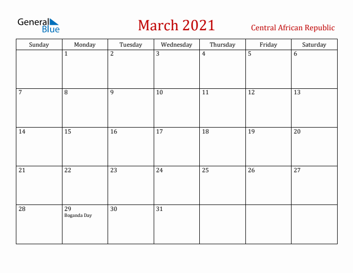 Central African Republic March 2021 Calendar - Sunday Start