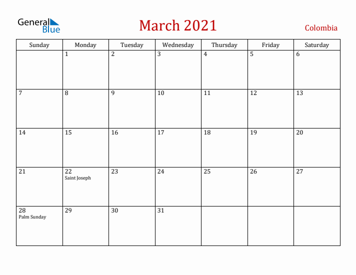 Colombia March 2021 Calendar - Sunday Start