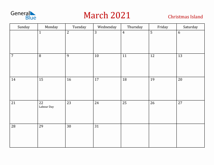 Christmas Island March 2021 Calendar - Sunday Start