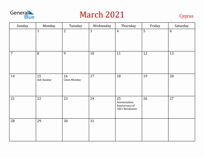 Cyprus March 2021 Calendar - Sunday Start