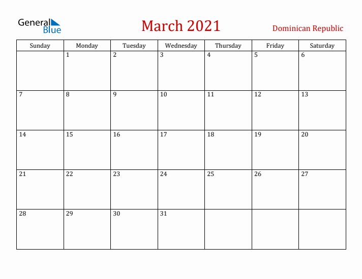 Dominican Republic March 2021 Calendar - Sunday Start