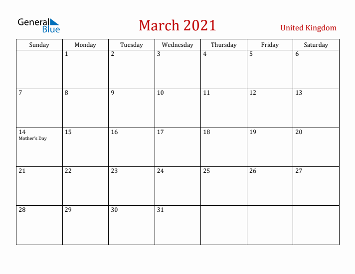 United Kingdom March 2021 Calendar - Sunday Start