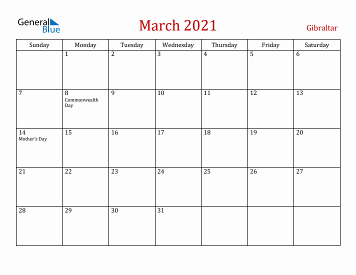 Gibraltar March 2021 Calendar - Sunday Start