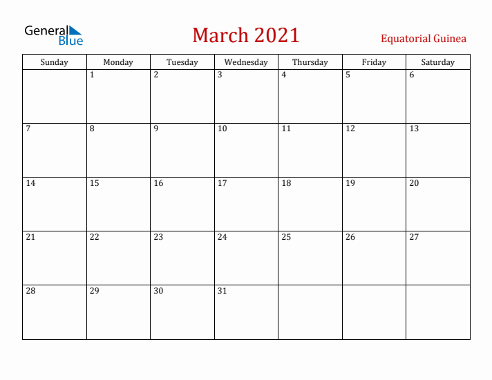 Equatorial Guinea March 2021 Calendar - Sunday Start