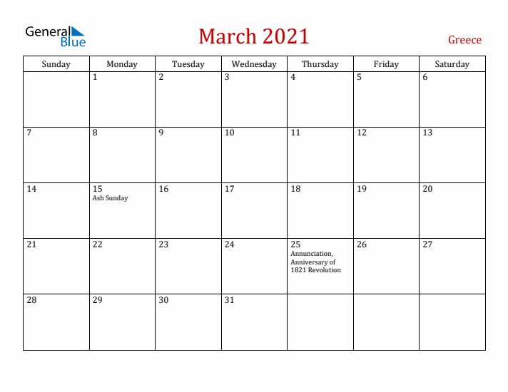 Greece March 2021 Calendar - Sunday Start