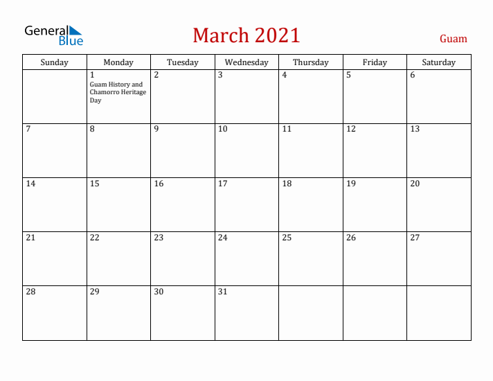 Guam March 2021 Calendar - Sunday Start
