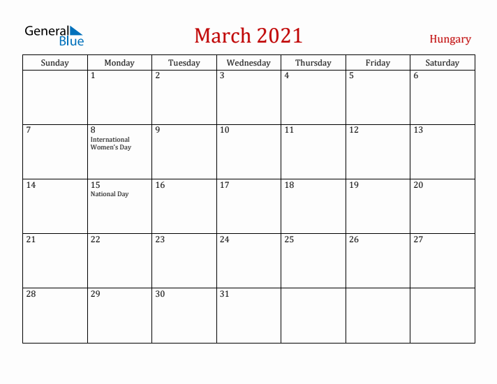 Hungary March 2021 Calendar - Sunday Start
