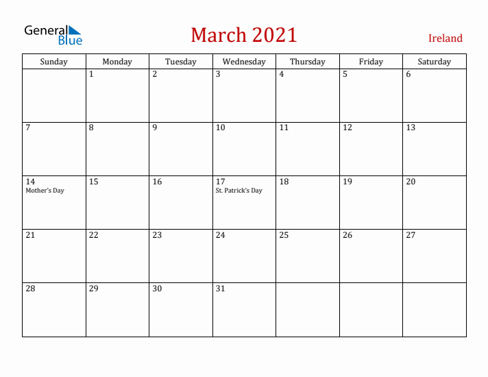 Ireland March 2021 Calendar - Sunday Start