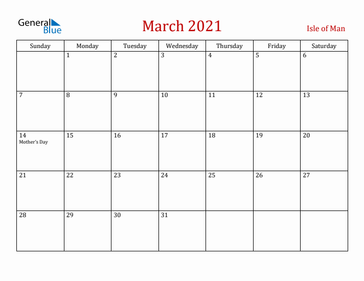 Isle of Man March 2021 Calendar - Sunday Start