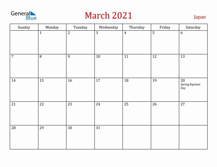 Japan March 2021 Calendar - Sunday Start