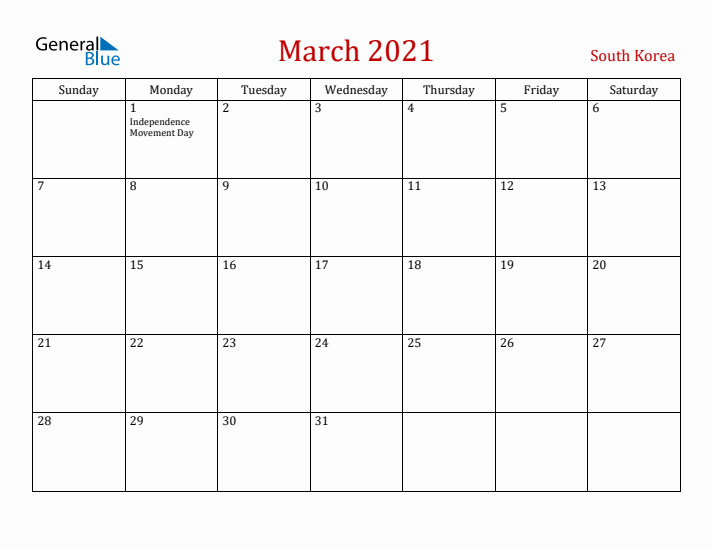 South Korea March 2021 Calendar - Sunday Start