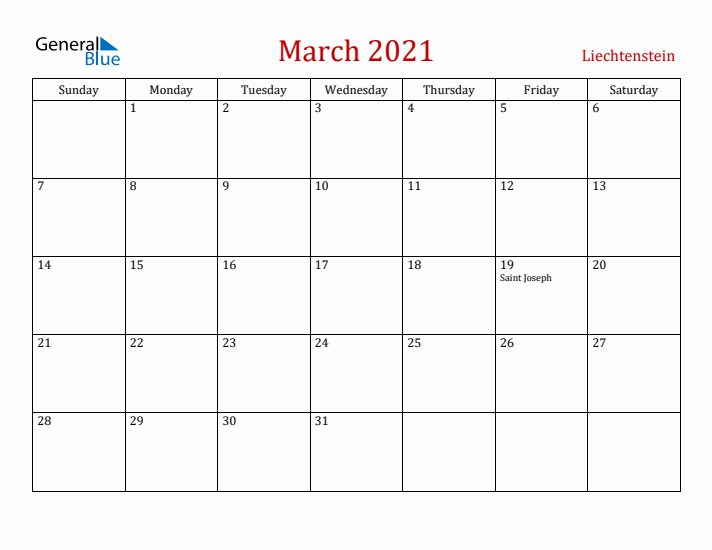 Liechtenstein March 2021 Calendar - Sunday Start