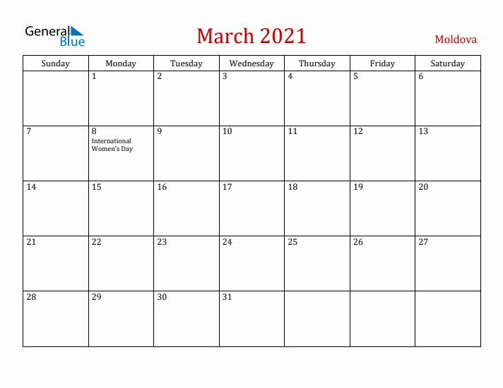 Moldova March 2021 Calendar - Sunday Start