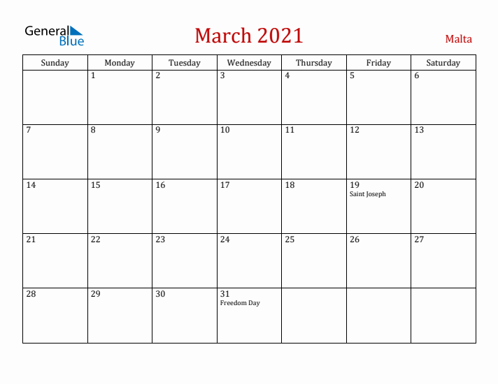 Malta March 2021 Calendar - Sunday Start