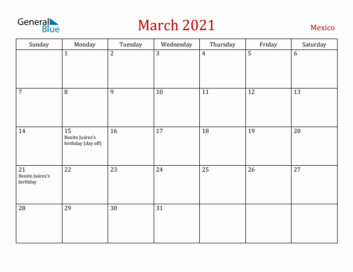 Mexico March 2021 Calendar - Sunday Start